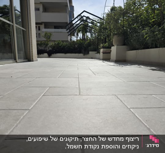 ריצוף חוץ חדש עם צמחייה מסביב